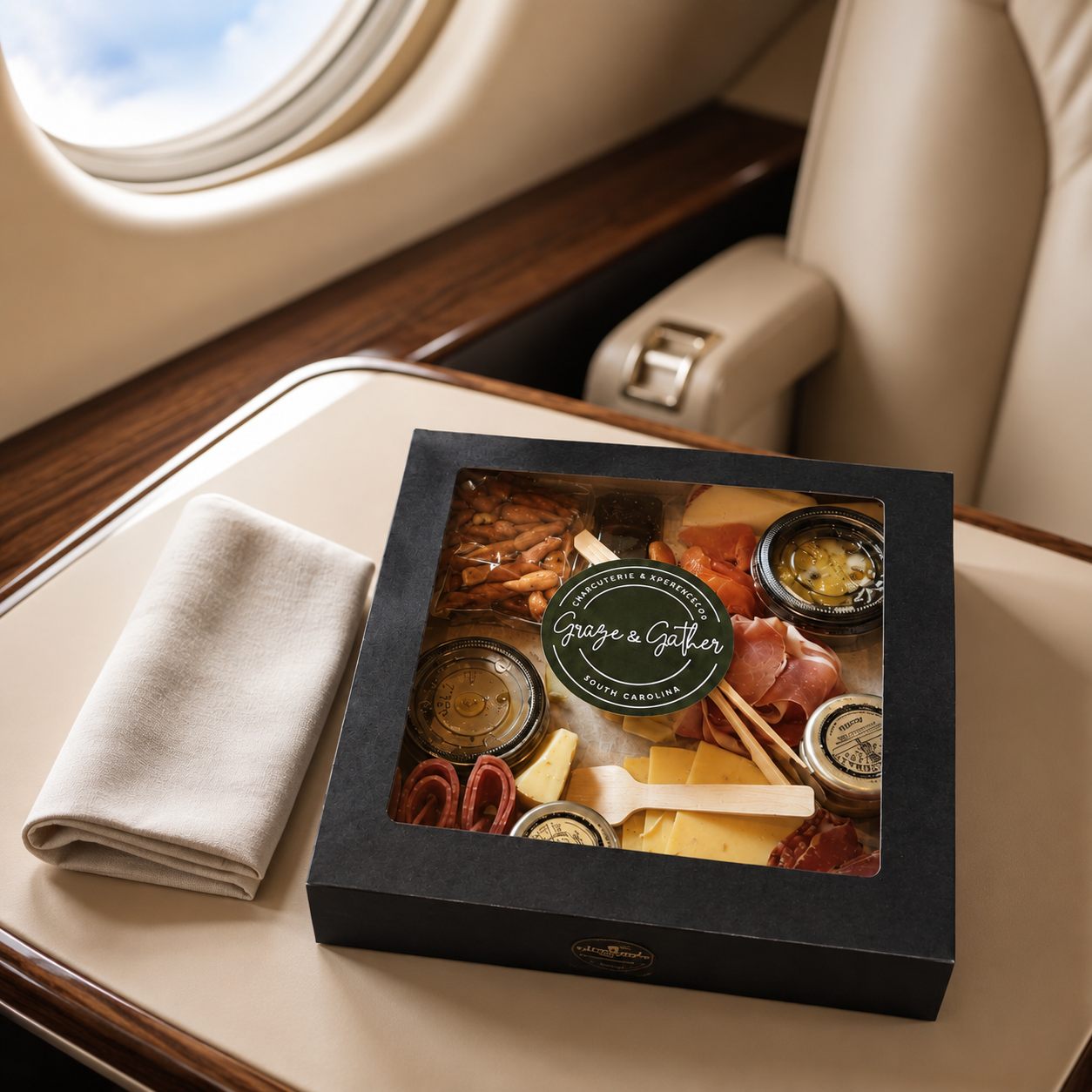 Graze & Gather branded box aboard a private jet