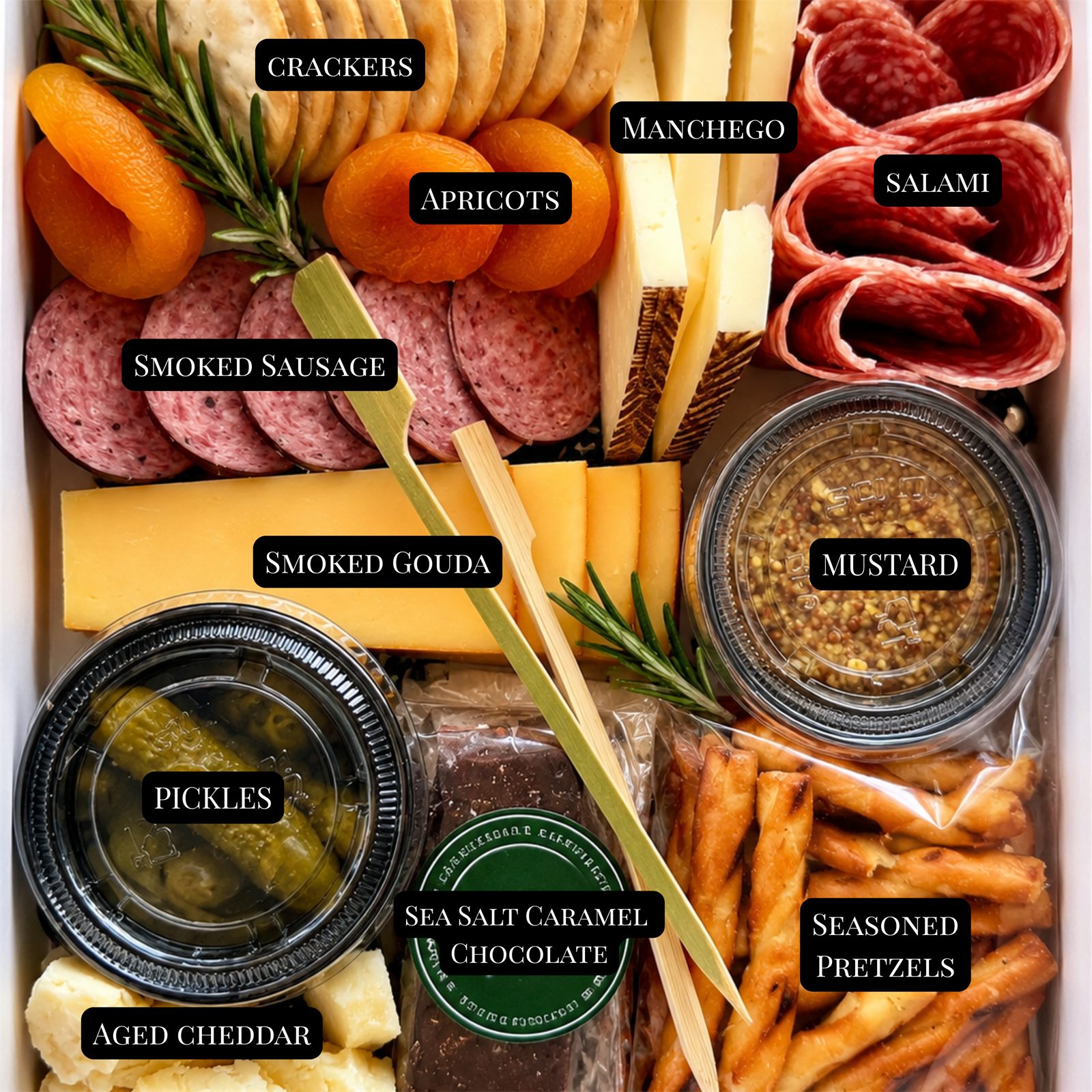 An annotated box showing manchego, salami, smoked gouda, aged cheddar, apricots, pickles, mustard and seasoned pretzels
