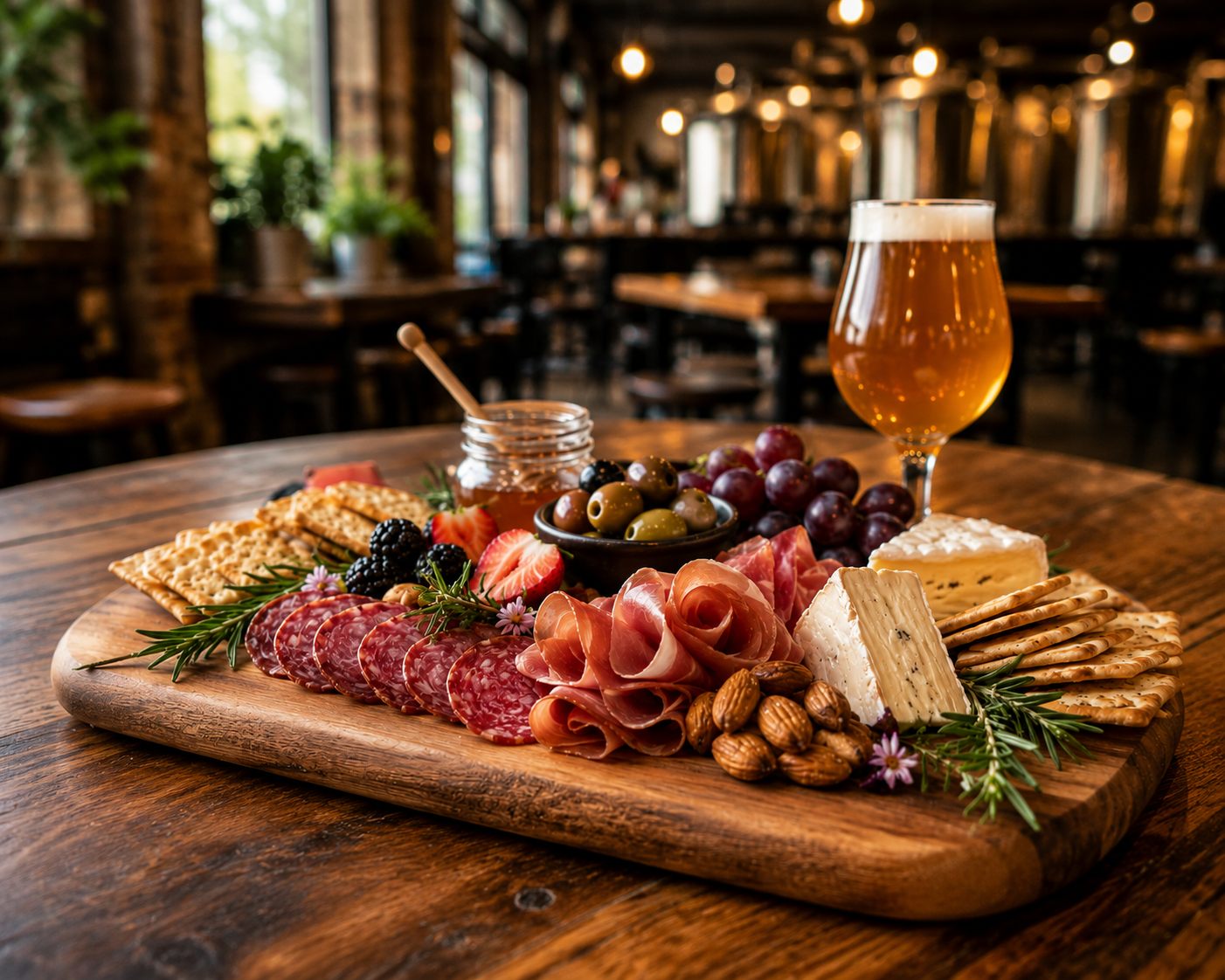 A charcuterie board on a taproom table beside a glass of beer, with the brewery tanks behind