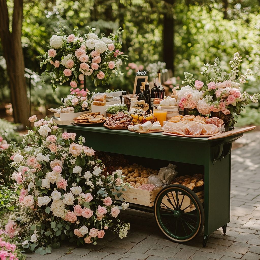 The Graze & Gather forest-green charcuterie cart styled with pink and white florals at an outdoor celebration