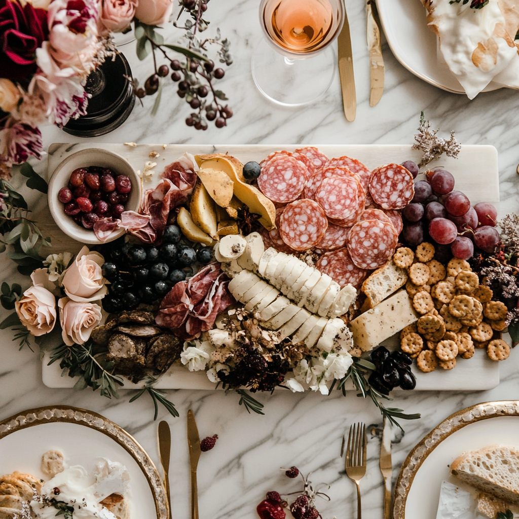 A marble grazing board styled the length of a table with flowers, gold cutlery and place settings