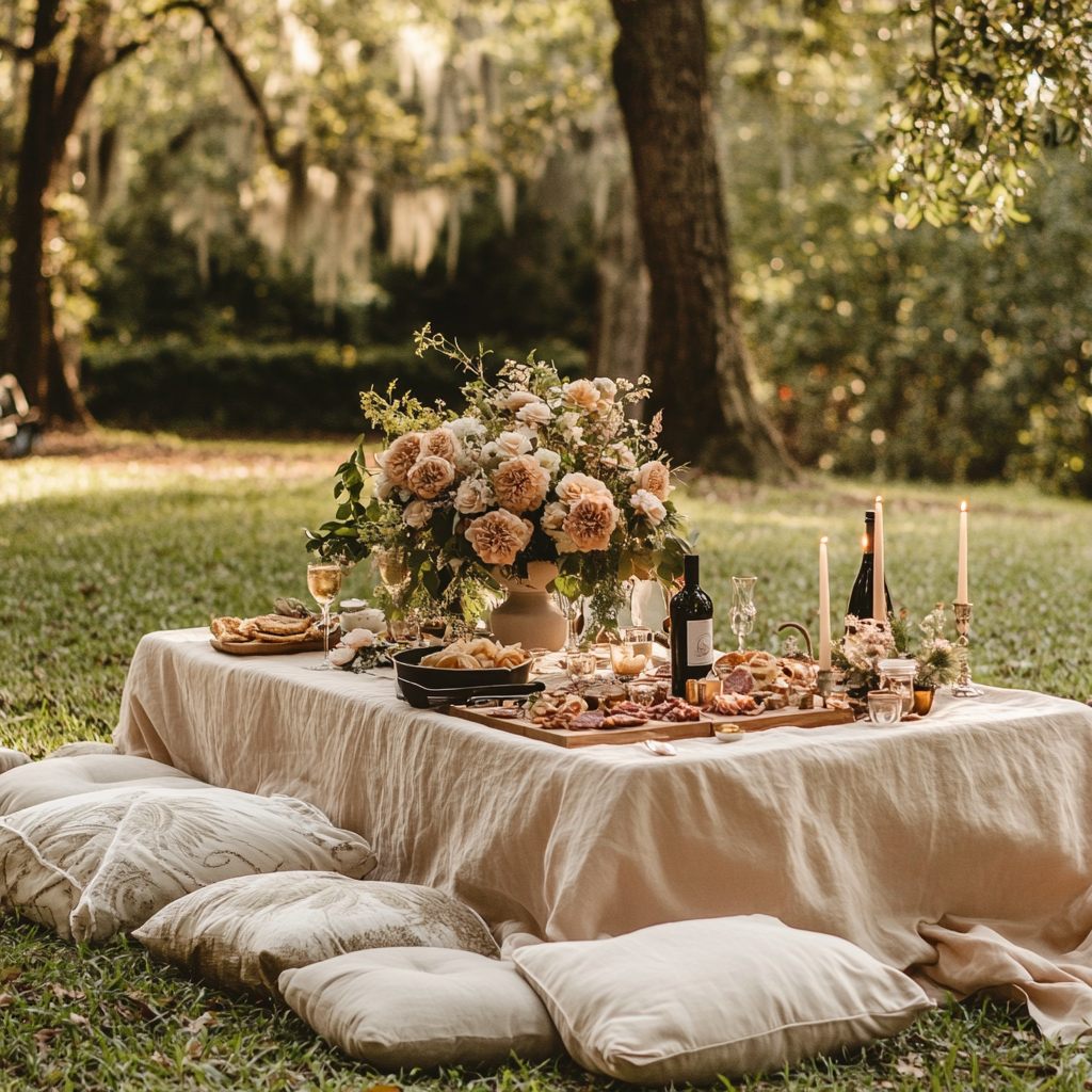 A styled outdoor table set with linen, florals, candles and charcuterie boards, with floor cushions on the grass