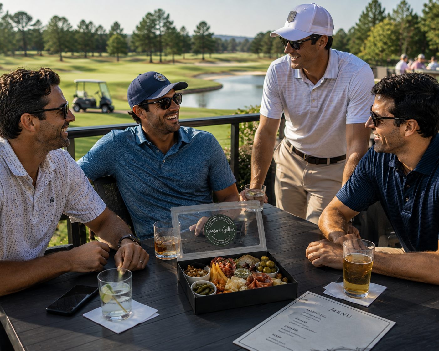 Four club members around a clubhouse table sharing an open Graze & Gather box with drinks, the course behind them