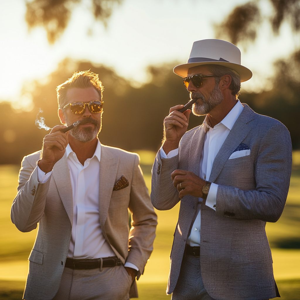 Club members on the course at golden hour