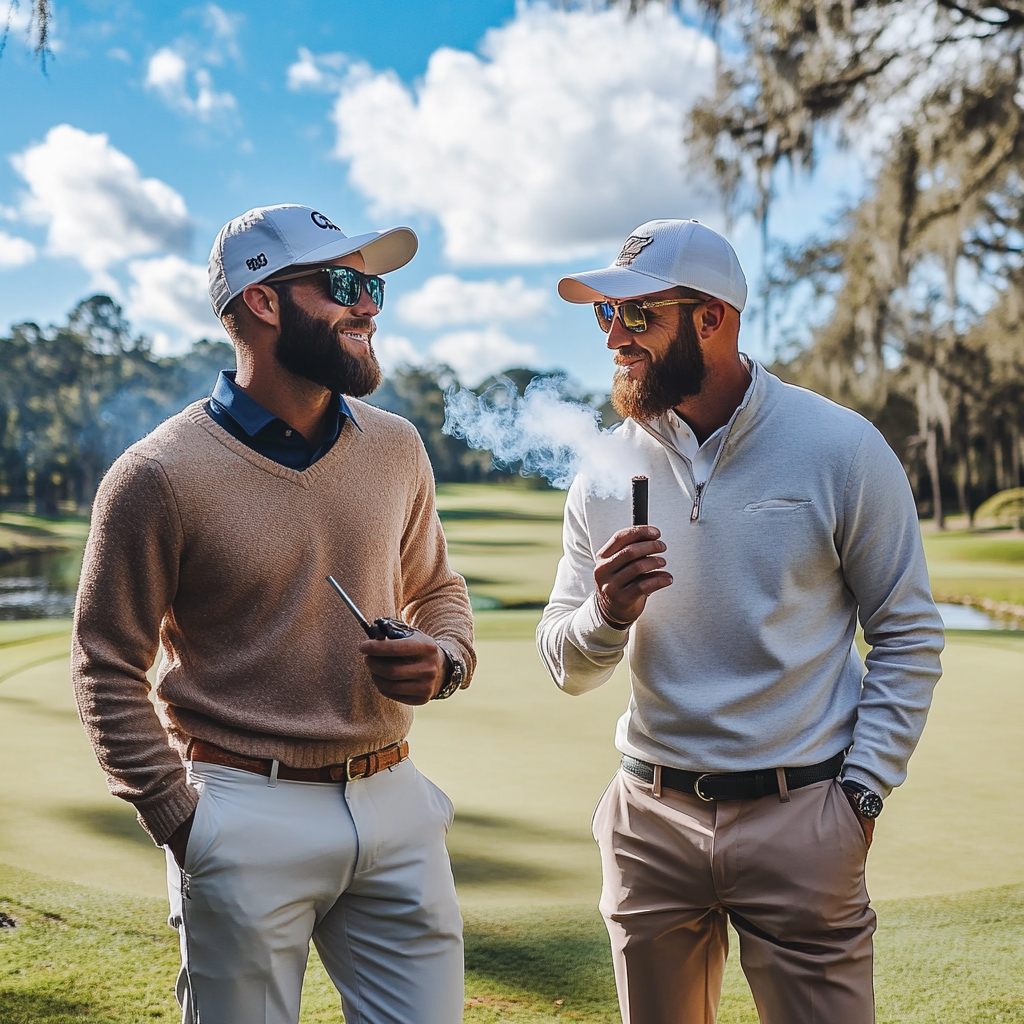 Two club members talking on the green between holes