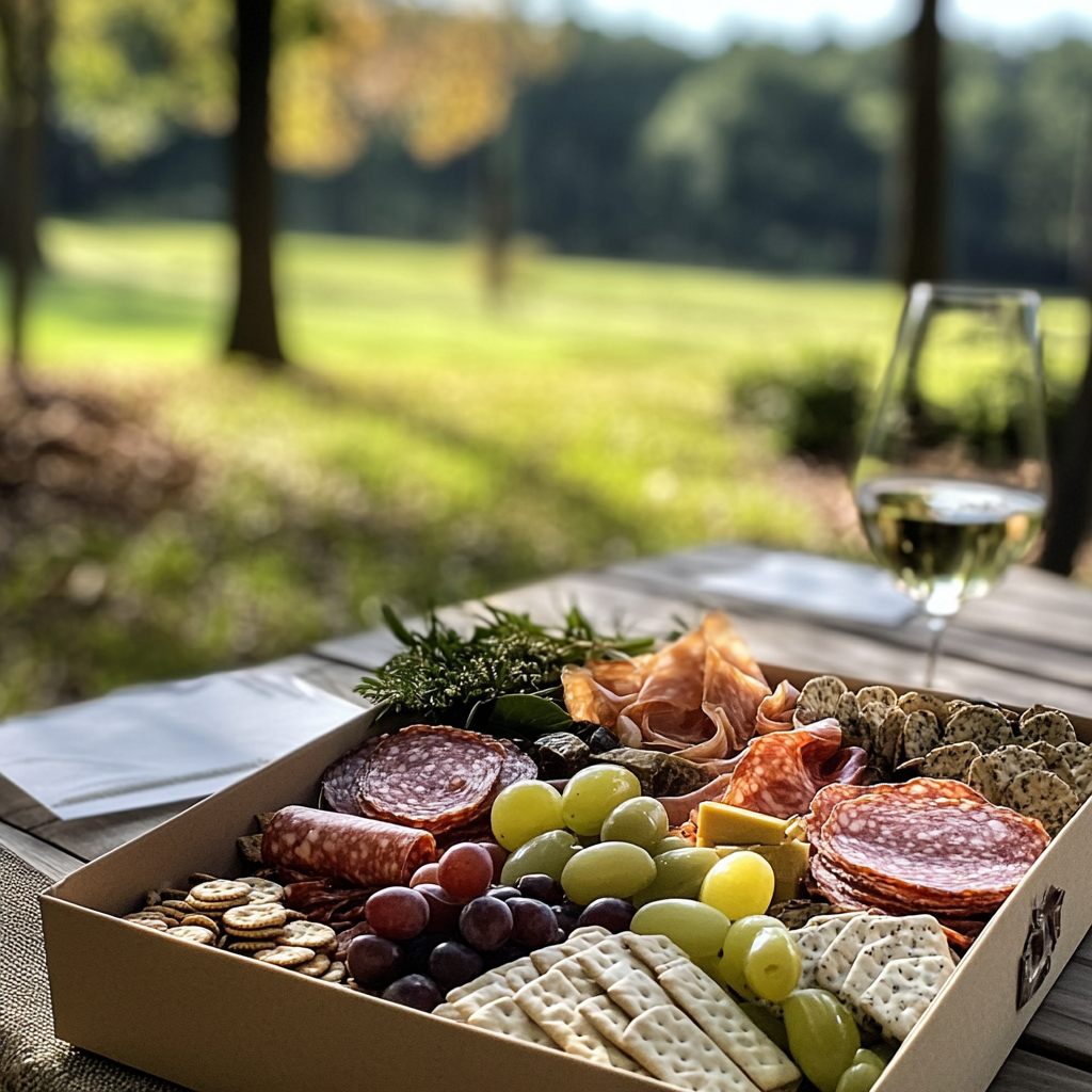 An elevated charcuterie box served outdoors with a glass of wine