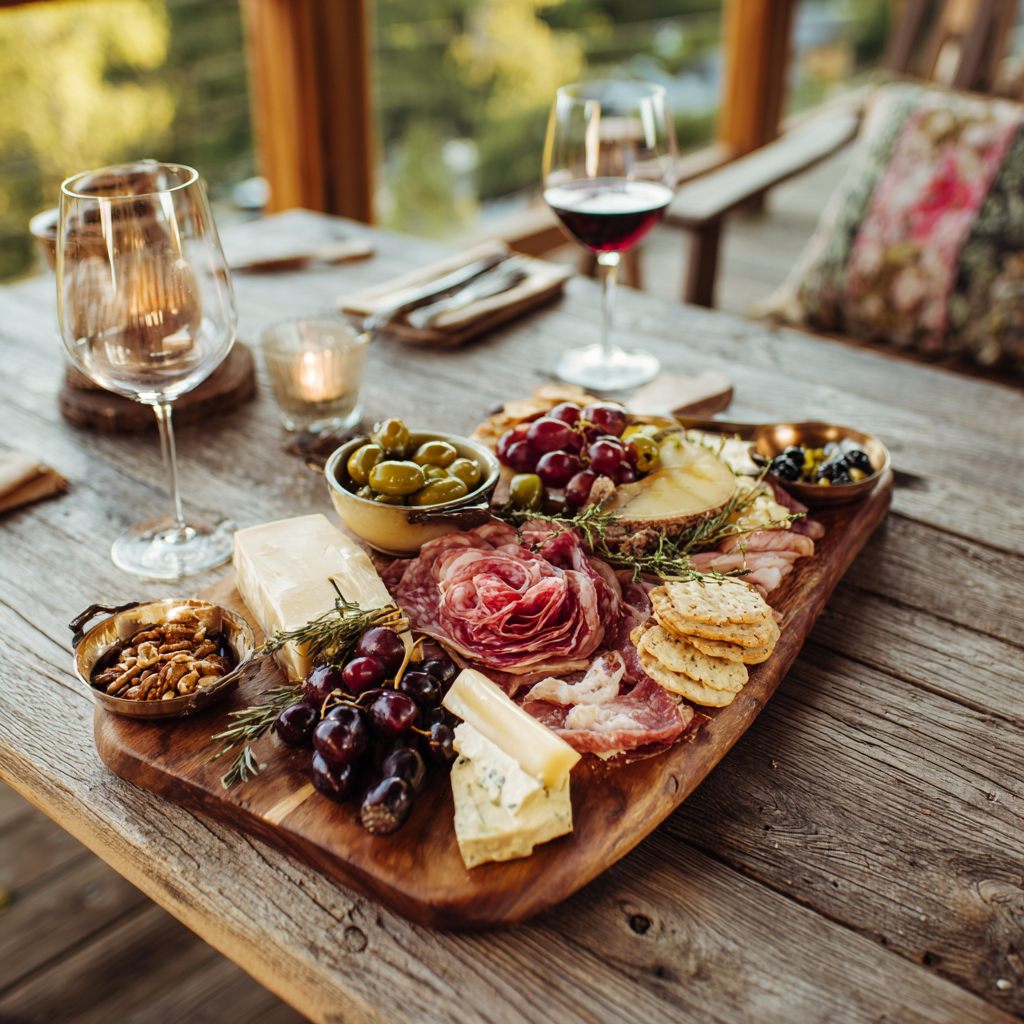 Charcuterie board styled with wine at a vineyard
